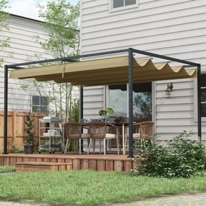 Volně stojící kovová pergola se stahovací plátěnou střechou 400 x 300 cm khaki