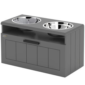 Stolek pro psy se 2 miskami a skříňkou 60 x 35 x 30 cm šedá