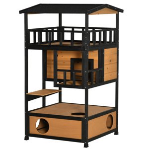 Domeček pro kočky s toaletou venkovní čtyřpatrový dřevěný 78 x 76 x 140 cm žlutá