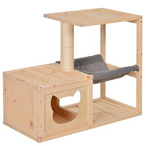 Domeček pro kočky vnitřní s úkrytem a hamakou dřevěný 70 x 35 x 60 cm přírodní