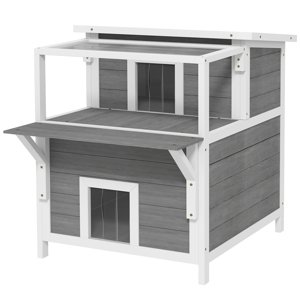 Domeček pro kočky venkovní s balkonem dřevěný 64 x 87 x 76 cm šedá bílá