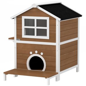 Domeček pro kočky venkovní dvoupatrový s balkonem dřevěný 66 x 66 x 90 cm hnědá
