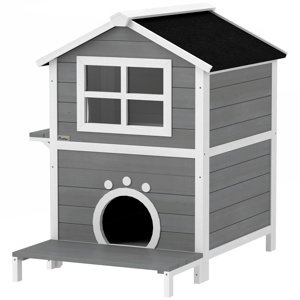 Domeček pro kočky venkovní dvoupatrový s balkonem dřevěný 66 x 66 x 90 cm šedá bílá