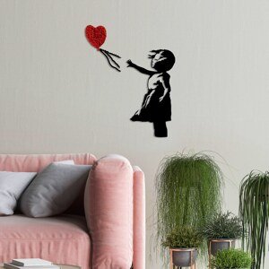 Nástěnná dekorace kovová BANKSY dívka s Balonkem, černá a červená